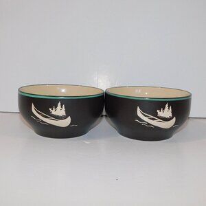 Set 2 Bass Pro Shops Canoe Soup Cereal Bowls Brown Cream Teal Stoneware